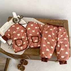 New winter baby clothing, 0-3 year old girls, cotton jacket, teddy bear print jacket+cartoon pants 2-piece set