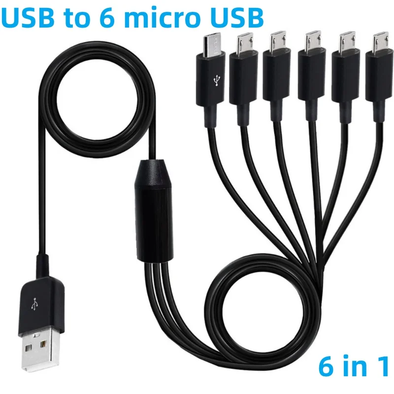 

6 in 1 USB 2.0 Type A Male to 6 Micro USB Male Splitter Y Charging Data Sync Cord Charge Power Cable for Phone Tablet