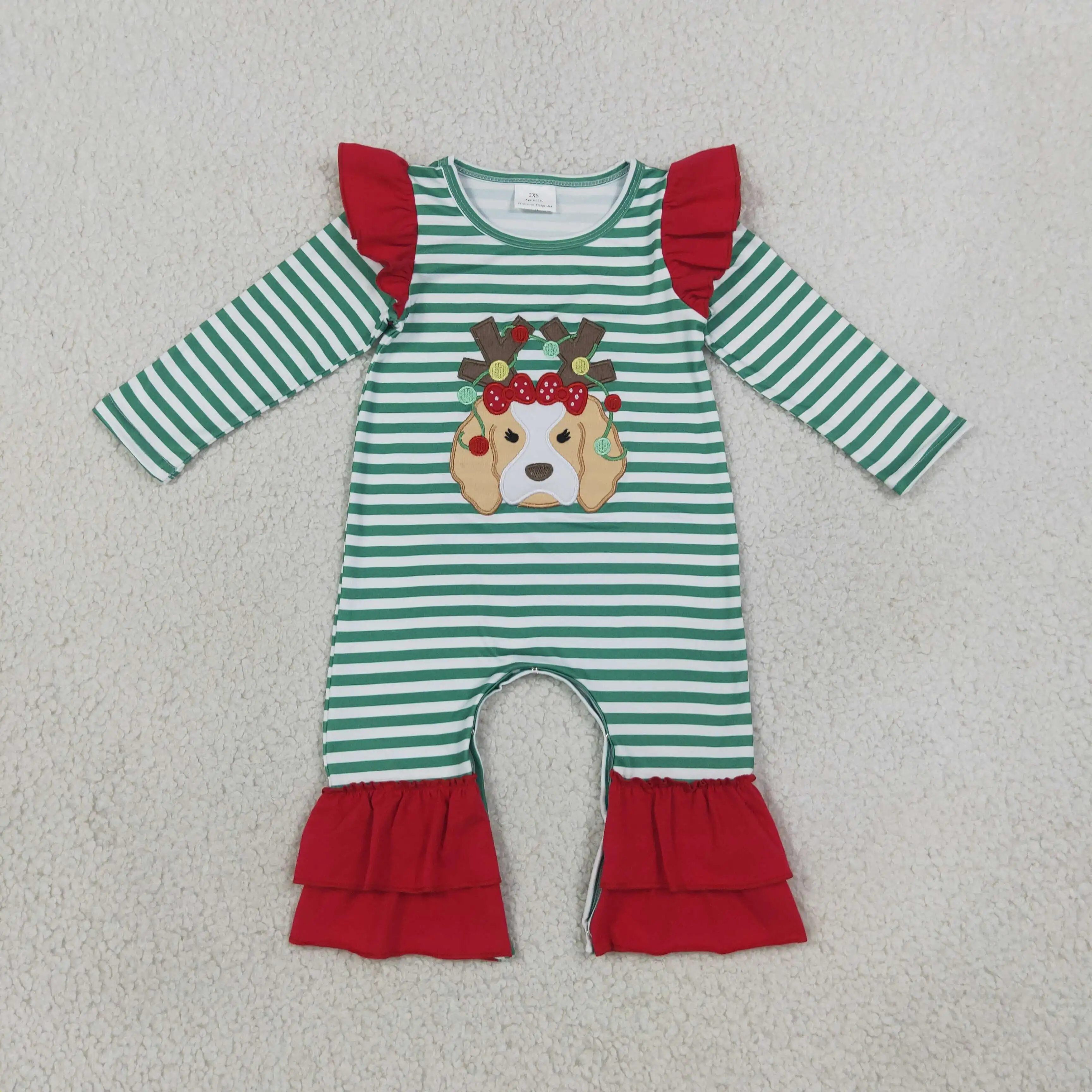 Wholesale Infant Christmas Clothing Kids Children Baby Girl Jumpsuit Newborn Toddler Girls Embroidery Dog Stripes Ruffle Romper