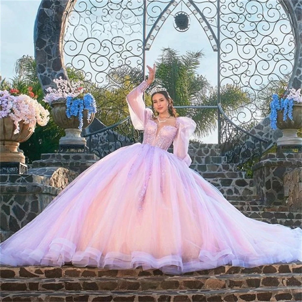 Vestidos de quinceañera Charro rosa, vestido de baile de manga larga con apliques de tul, vestidos mexicanos hinchados dulces 16, 15 años personalizados