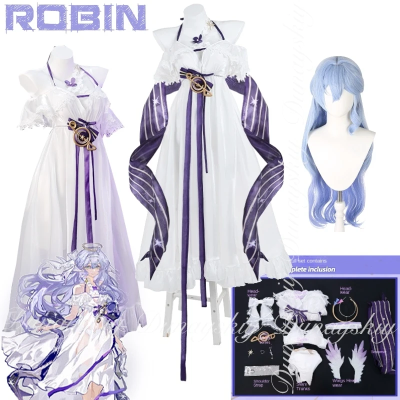 

Honkai: Star Rail Game Robin Косплей Халдовиская певица с серебристо-синим длинным париком и белым купальником Косплей Костюм Все комплекты