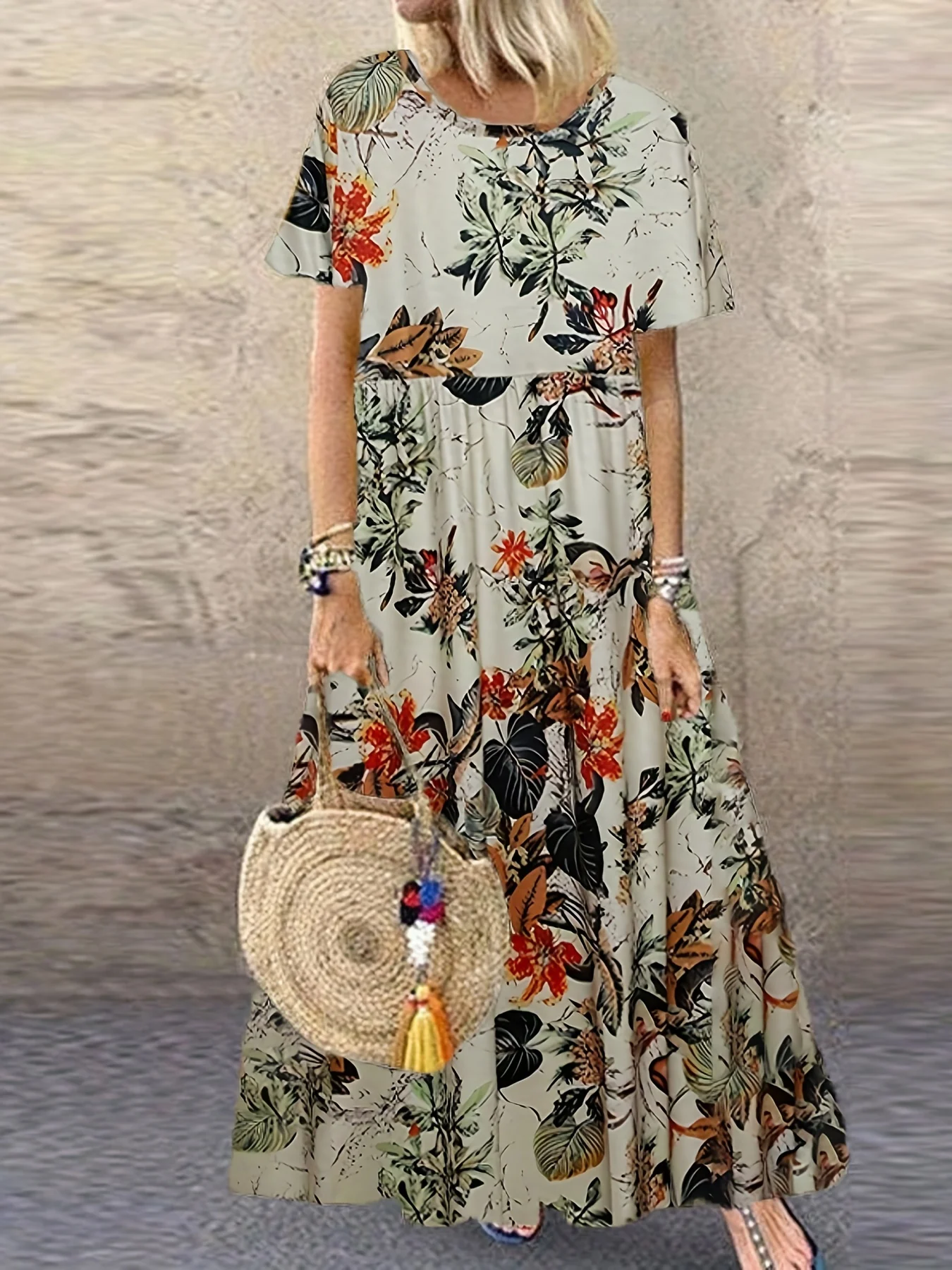 2024 Neues Kleid mit Retro-Blumendruck, kurze Ärmel, Rundhalsausschnitt, neu – Detail 5