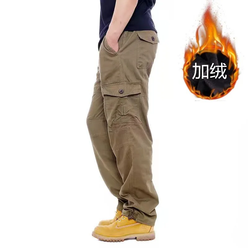 2024 Men's Fleece-Lined Thickened Multi-Bag Outdoor Overalls Loose Straight Military Style Trousers