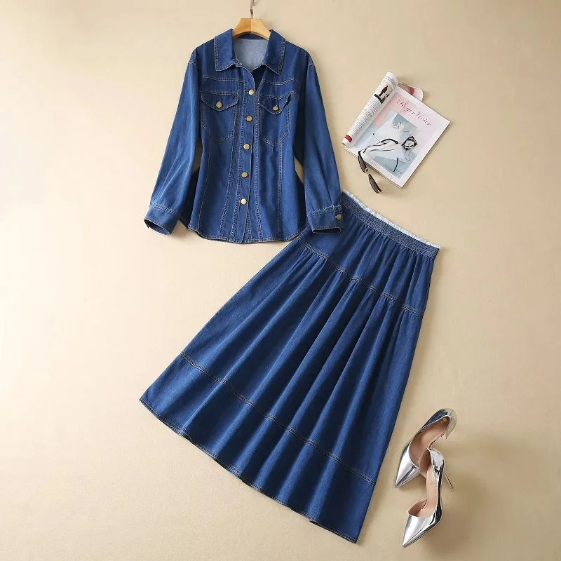 Top Quality Women's Set 2023 Spring Autumn 2 Piece Skirt Suit Ladies Chest Pocket Long Sleeve Denim Shirt+Mid-Calf Jeans Skirts