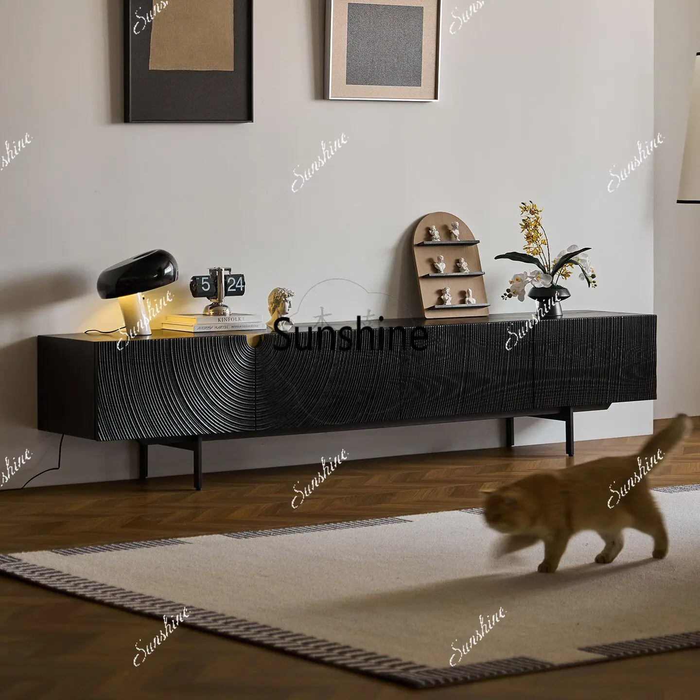 Carving art storage TV cabinet matte black with feet design against the wall