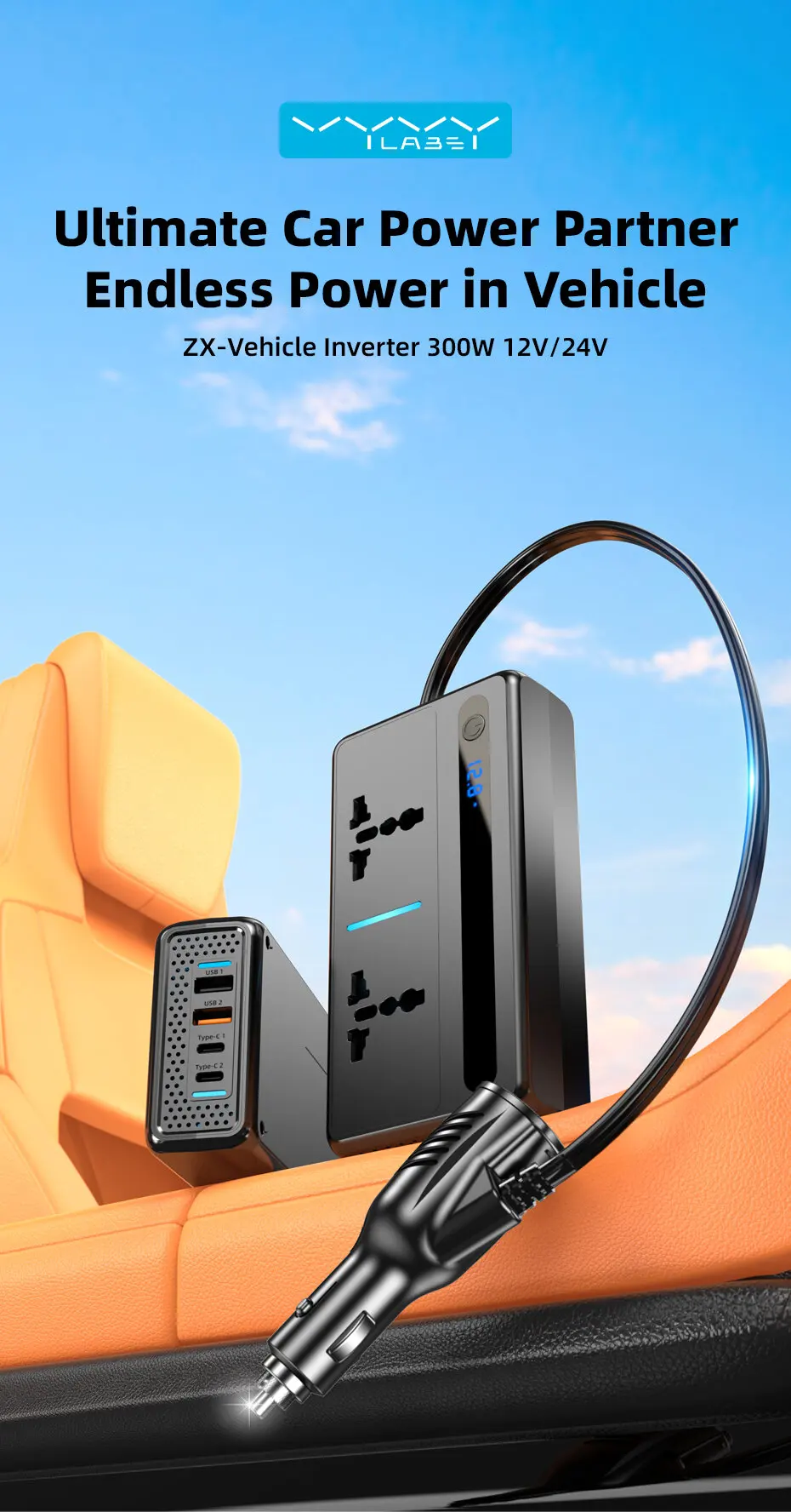 Vyvylabs 200W Auto-Stromwechselrichter 12V DC zu 220V AC Konverter Auto-Stromadapter Typ C USB Schnell-Ladestation Auto-Zubehör – Detail 1
