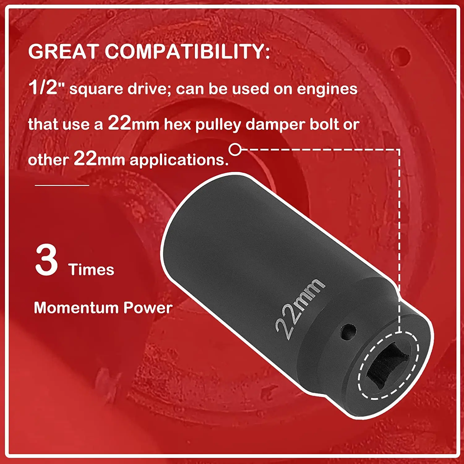 TENG MILE 77110 Harmonic Balancer Socket 22mm Crank Bolt Socket Heavy-Duty Impact Sockets Tool 3 Times Momentum Power