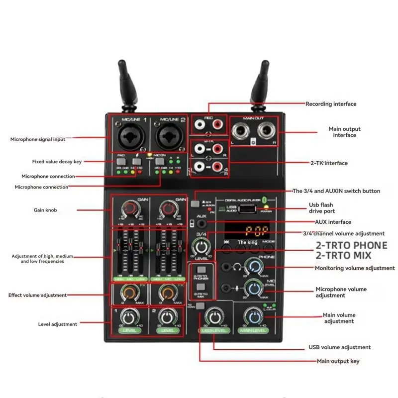ABSY USB Bluetooth Reverb micrófono consola mezcladora de Audio de 4 canales para DJ PC grabación mezcla con soporte de micrófono inalámbrico
