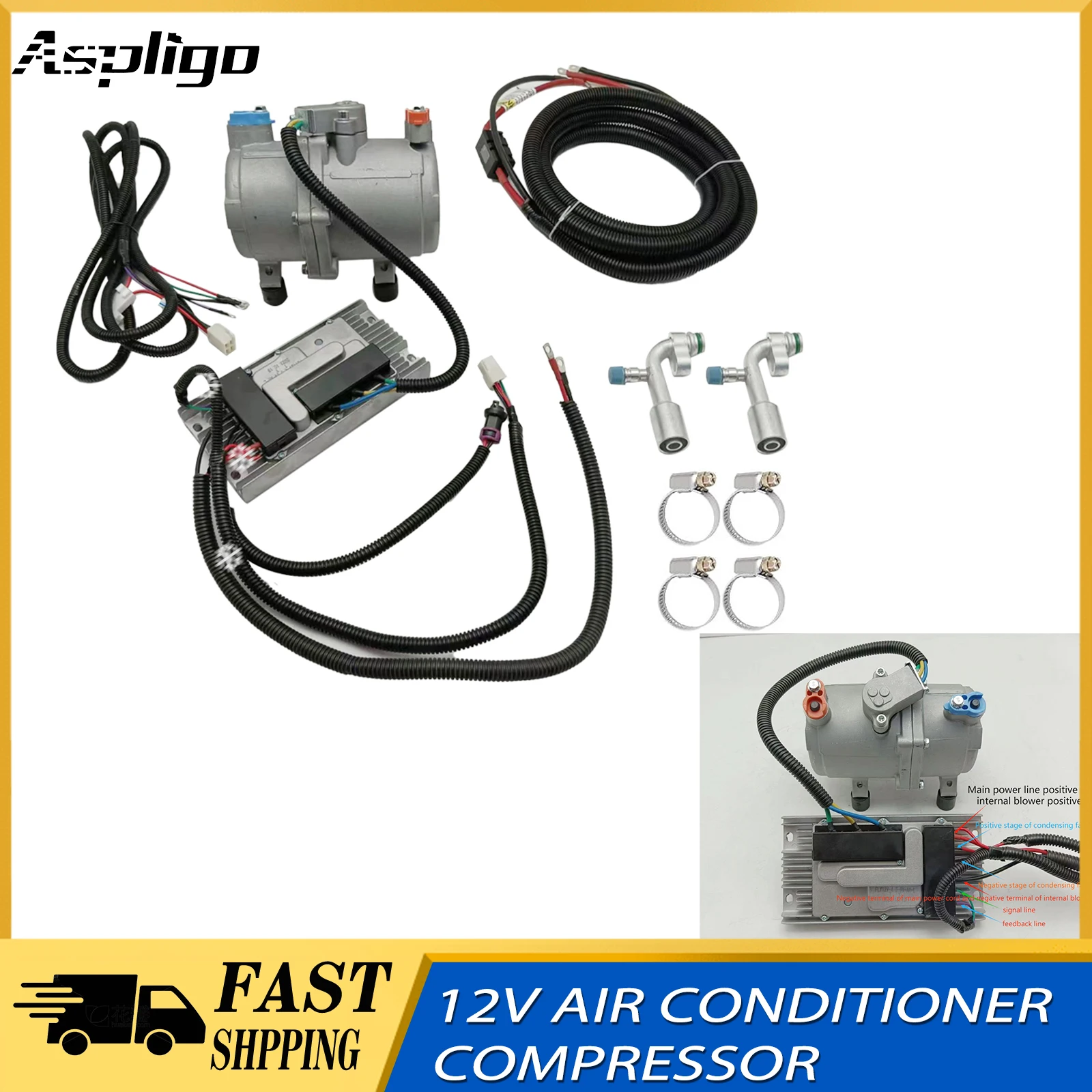 Aspligo 12V Electric Air Conditioning Compressor Set Air Conditioner Compressor A/C For Car Truck Bus Automotive Boat Tractor