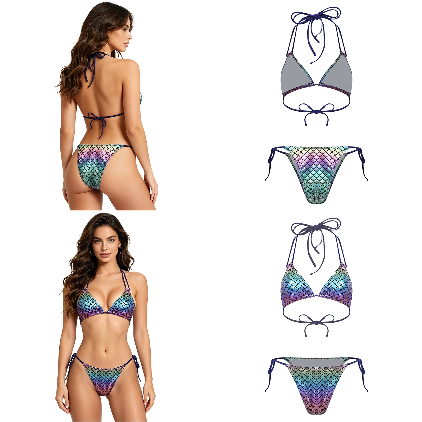 

Women Metallic Fishscale Print Bikini Bathing Suit Halter Bra with Removable Chest Pad And Swim Briefs for Beach Pool Sunbathing