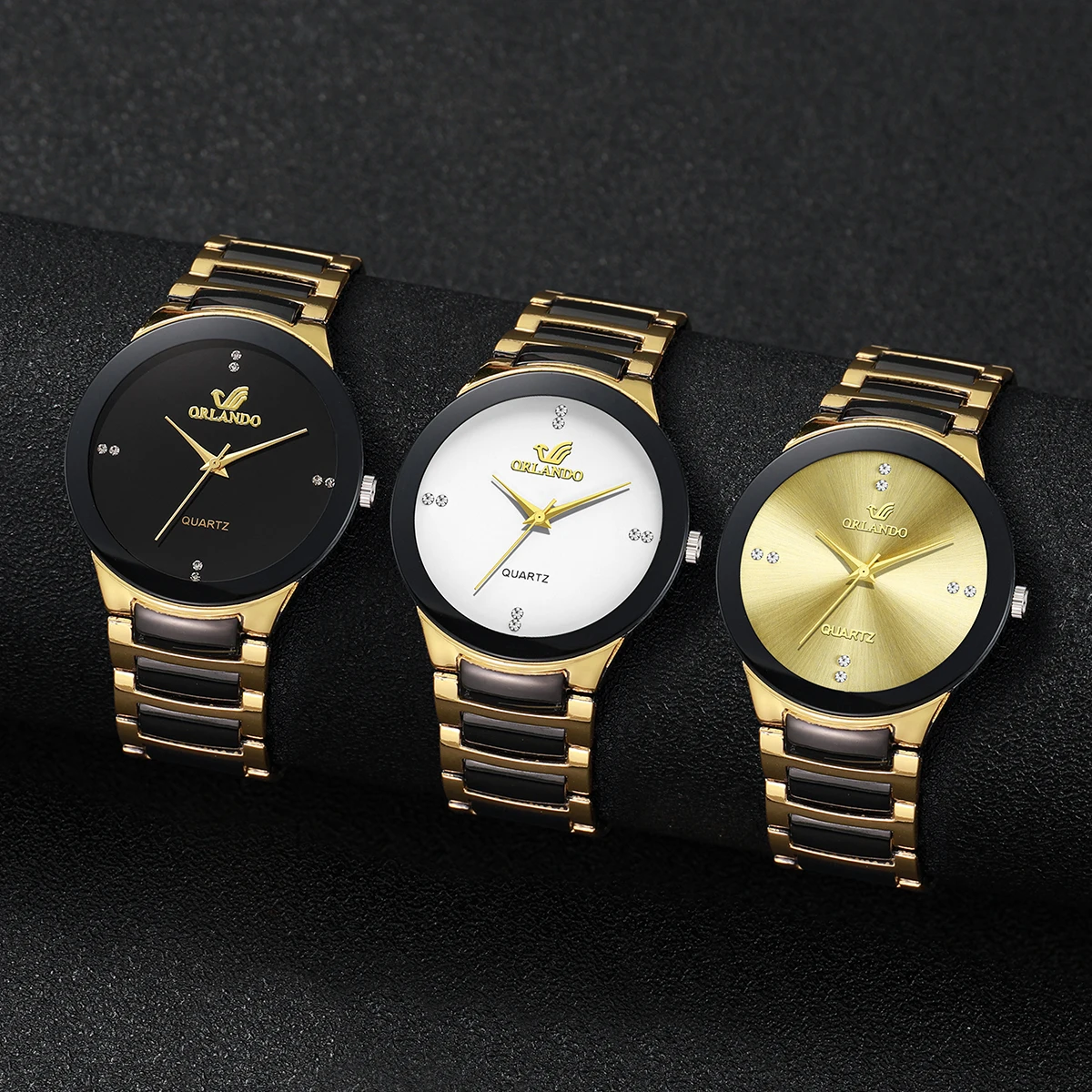 1PCS Men's Business Fashion Steel Strap Watch Two tone Strap Gold Dot Diamond Simple Men's Steel Watch