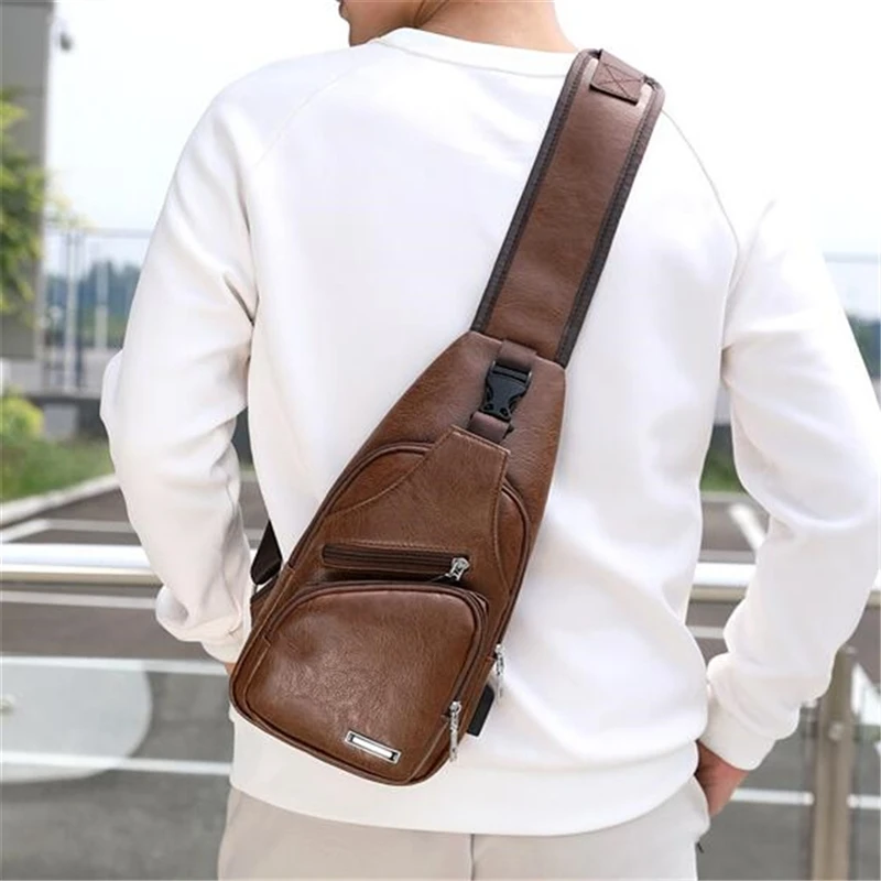 Man Leather Chest Bag Waterproof Single Shoulder Pack Portable Charging Outdoor Leisure Sports Crossbody Bags With USB Port