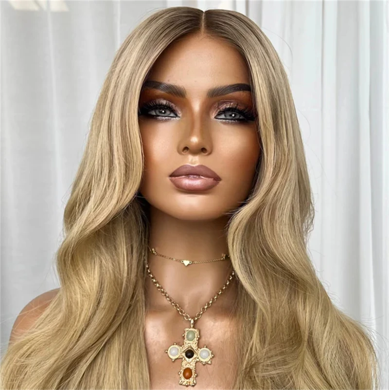 Luxury Women's Wig Ombre Golden Blonde Synthetic HD Lace Front Wig with Dark Roots Blend Human Hair On Clearance Glueless Wig