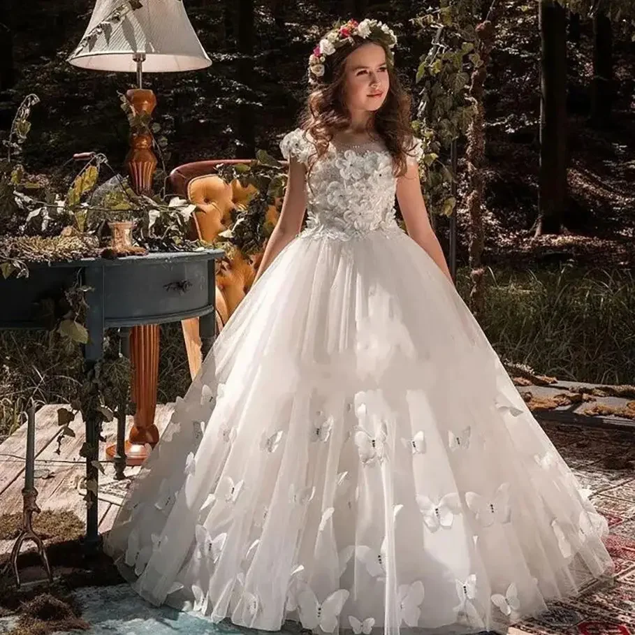 

Butterfly Flower Girl Dresses Applique Communion Party Prom Princess Gown Bridesmaid Wedding with Train Formal Clothing