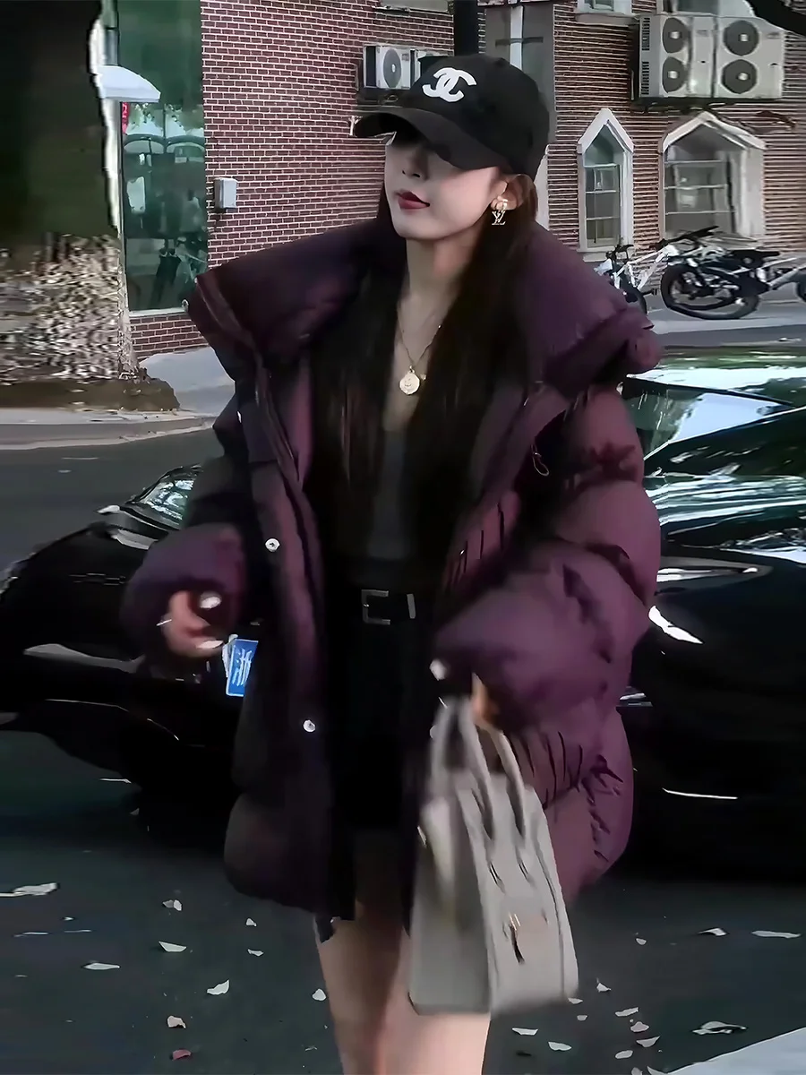 여성용 오트 퍼플 클라우드 폼다운 재킷 후드티 스탠드 칼라 겨울 따뜻한 아우터웨어 출퇴근용 슬레 두 페더