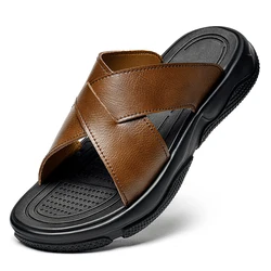 Letnie męskie antypoślizgowe retro skórzane kapcie męskie czarne brązowe slajdy kapcie rozmiar 37-46 Dropshipping