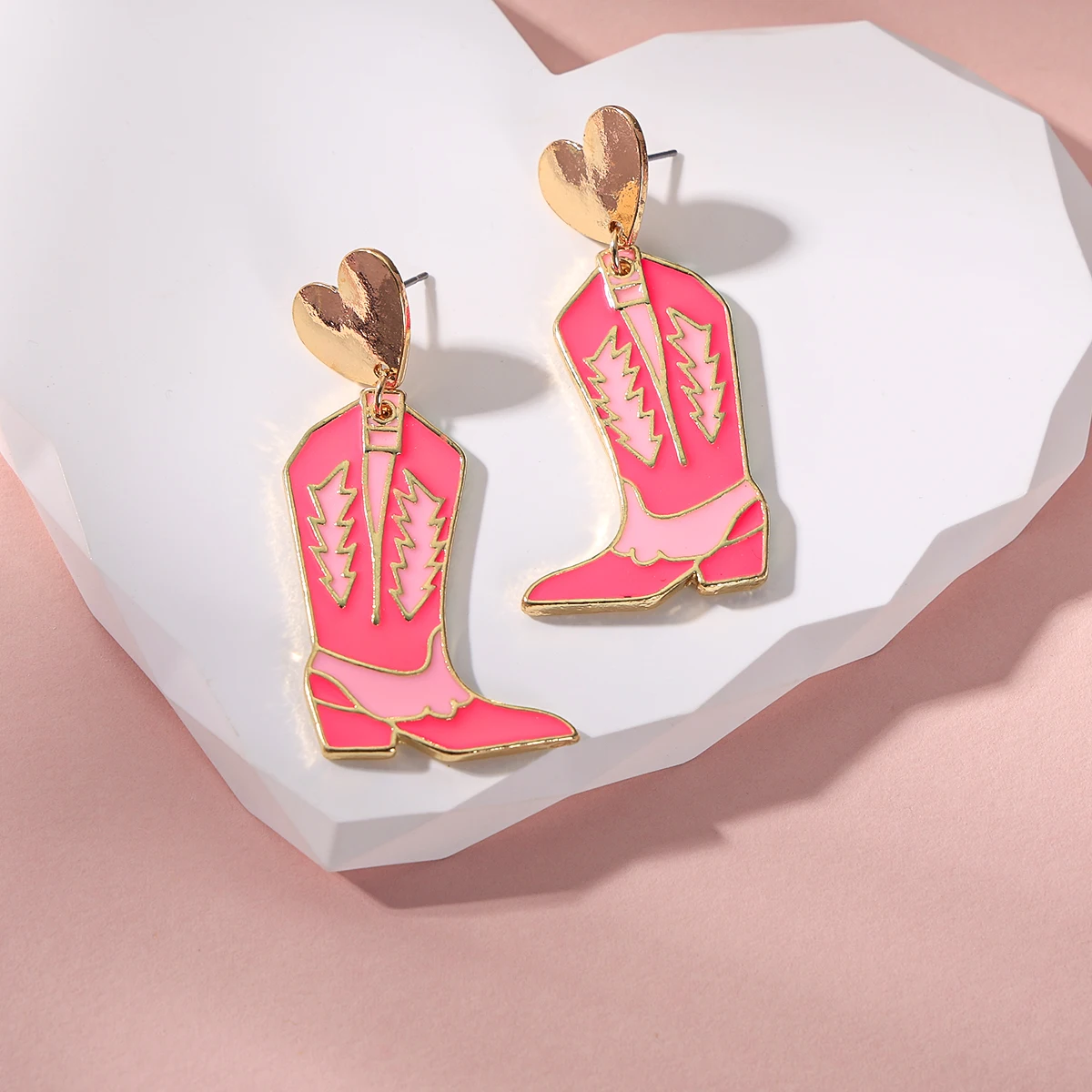 

Punk style, charm, western cowboy style love heart pink boots, earrings, travel, vacation, Valentine's Day jewelry