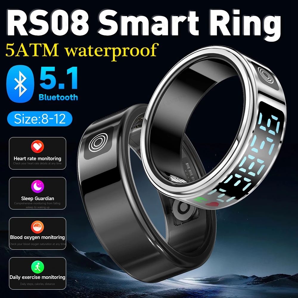 

RS08 Smart Ring Bluetooth 5.1 Health Fitness Monitor Heart Rate Blood Oxygen Sleep Men Women Waterproof Tracker for Android iOS