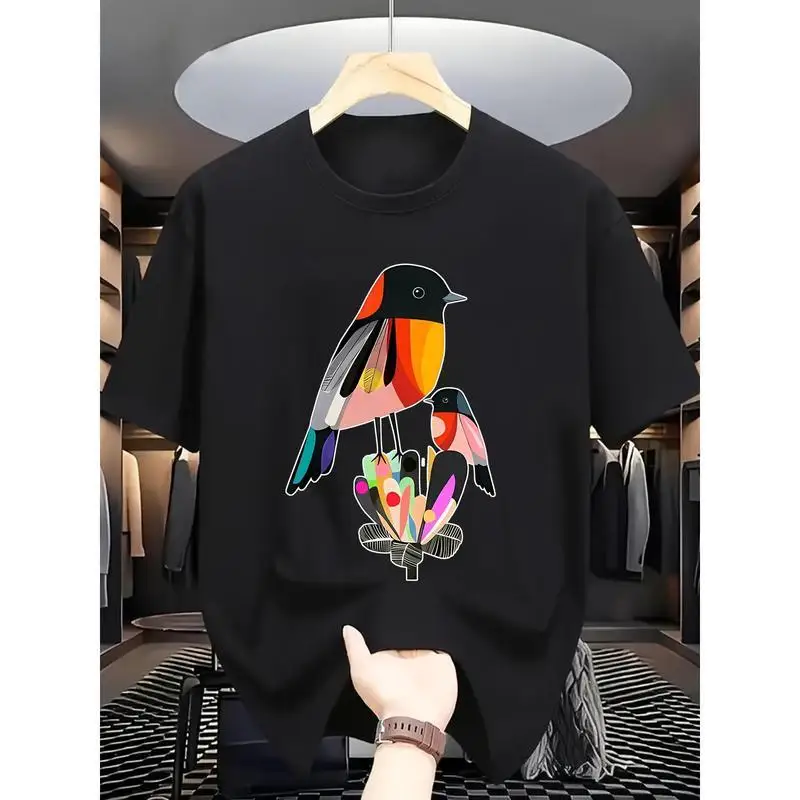 

Unisex Abstract Bird T-Shirt Colorful Geometric Art Graphic Tee Modern Nature Print Casual Loose Top Art Lover Gift