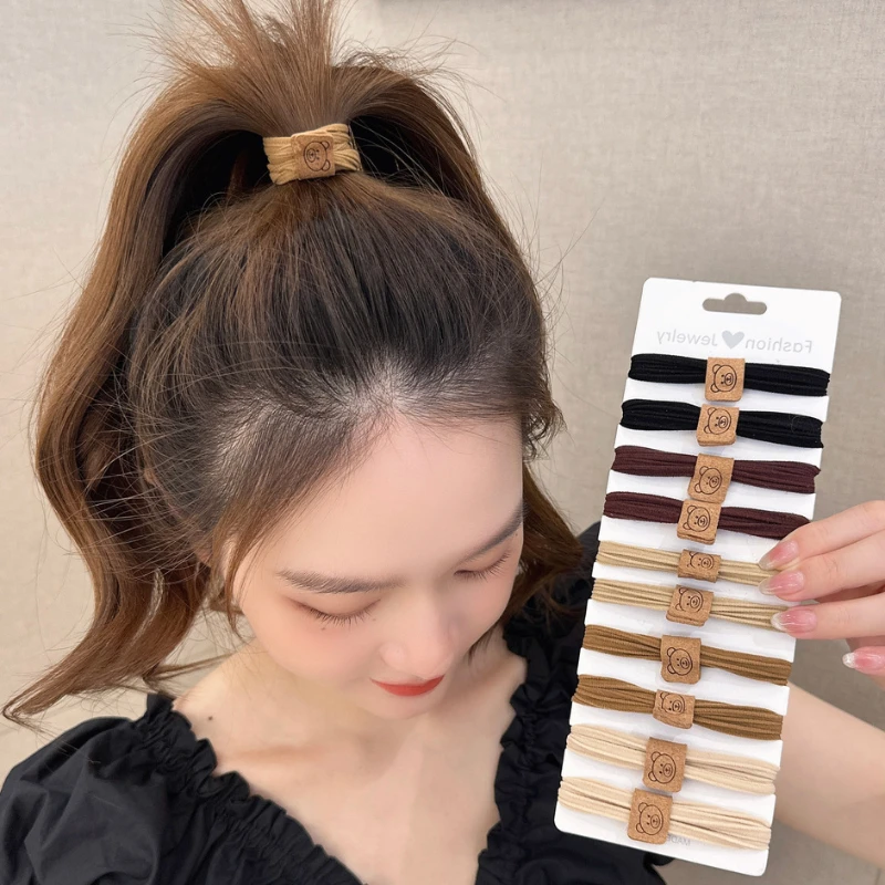 Cuerda para la cabeza con etiqueta de oso para mujer y niña, coletero Simple, cuerda elástica para el pelo, tela de Color sólido, accesorios para el cabello, 5 piezas