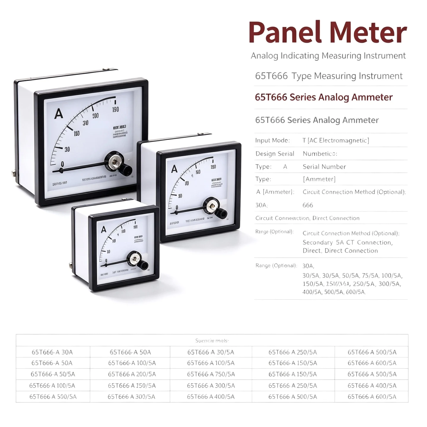 65t666 Series Analog Ammeter Ac Electromagnetic 30A 50A Direct / 30/5A-600/5A Ct Panel Current Meter Switchgear Distribution Panel