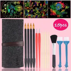 Kids 14PCS Scratch Tools Toy with Felt Storage Bag Scratch Paper Pens Bamboo Sticks Scraper Repair Scratch Pen Black Brush