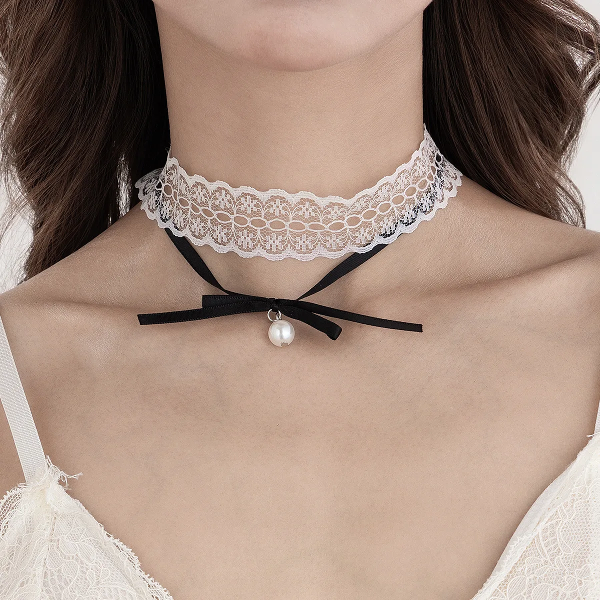 Choker Necklace Double Layer Lace Bow Adjustable Sweet Rustic Floral Style Daily Party Jewelry for Women Cream Goth