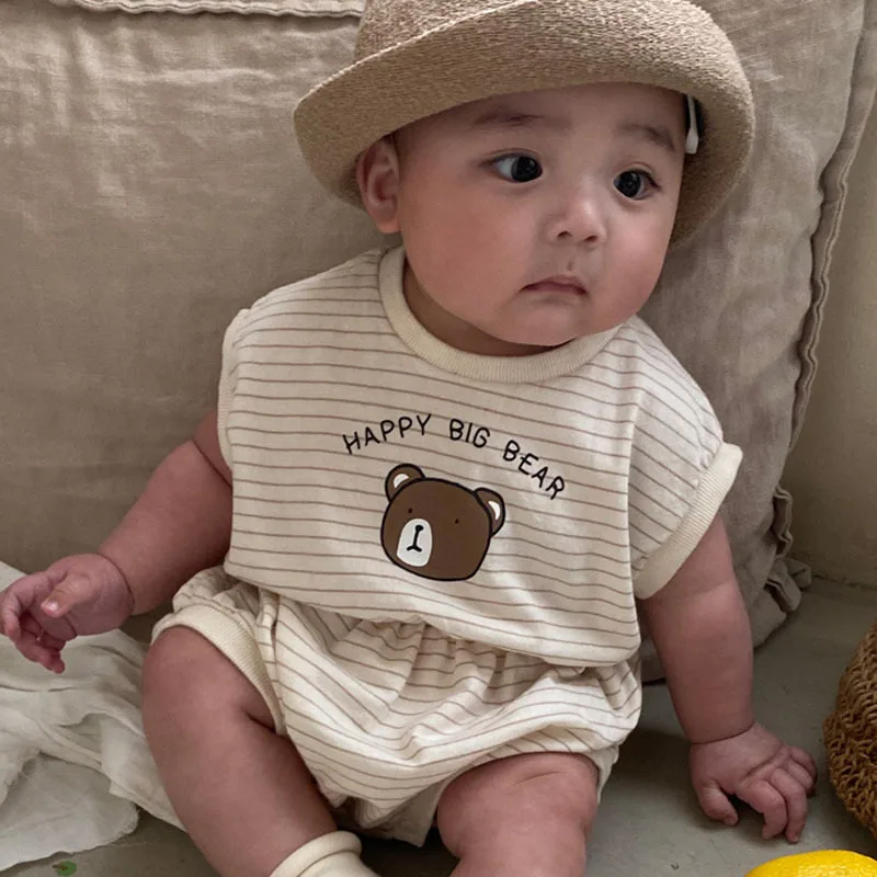 2024 Summer New Baby Cute Bear Print Bodysuit Infant Boy Short Sleeve Casual Jumpsuit Cotton Toddler Girls Cartoon Clothes 0-24M