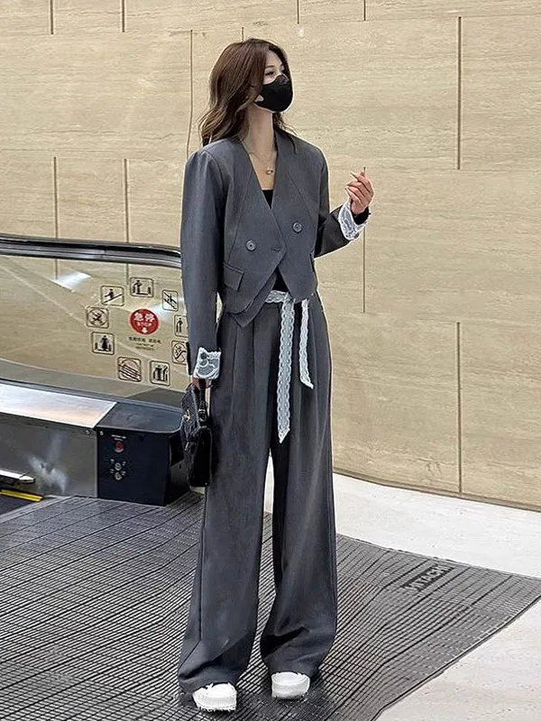 

Spring 2025 Women's Suit Set with Sash Long Sleeve Straight Leg Pants Two Piece Fashionable Button up V Neck Workwear