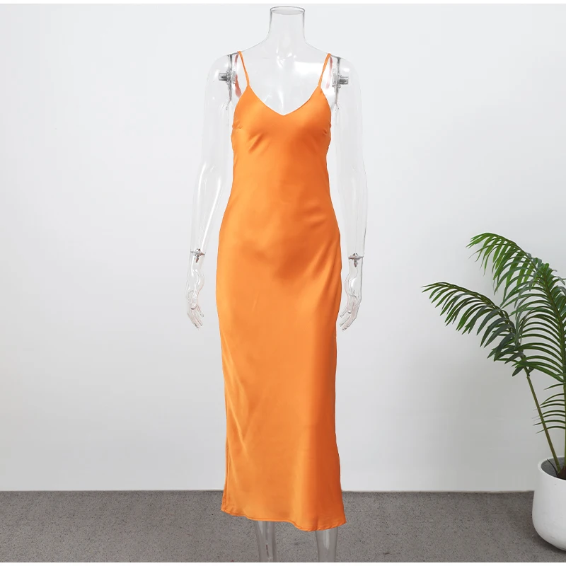 Women Solid Satin Sling Long Dress Casual Backless Sleeveless V-neck Pleated Gowns 2026 Summer Vacation Evening Party Robes