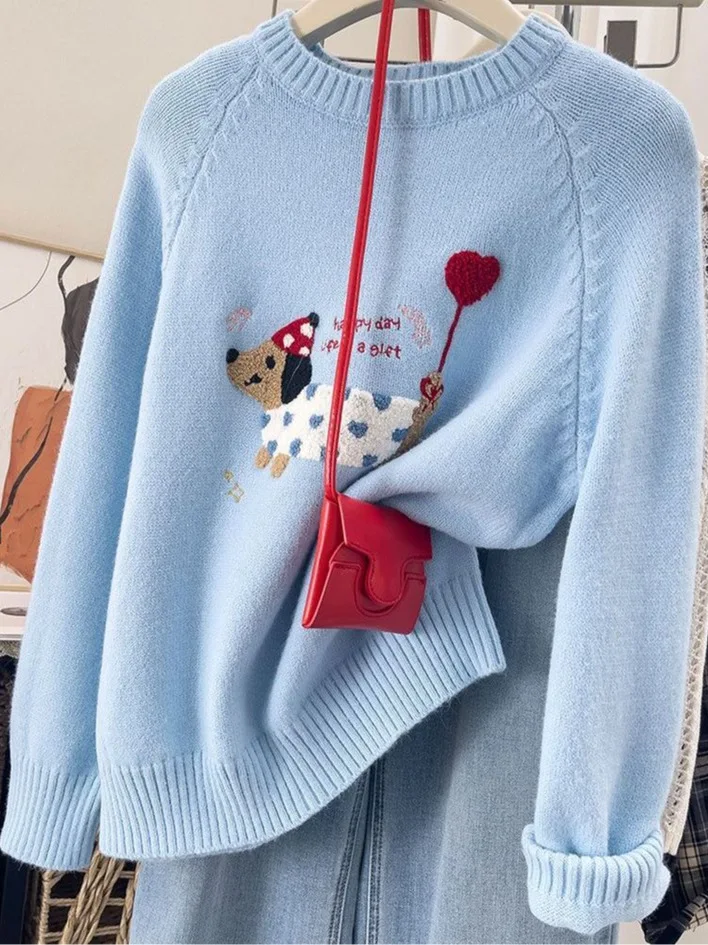 Suéter de punto de lana suave para mujer Otoño Invierno redondo Ne Long Sve bordado Casual Sle ajuste cómodo Faion Top