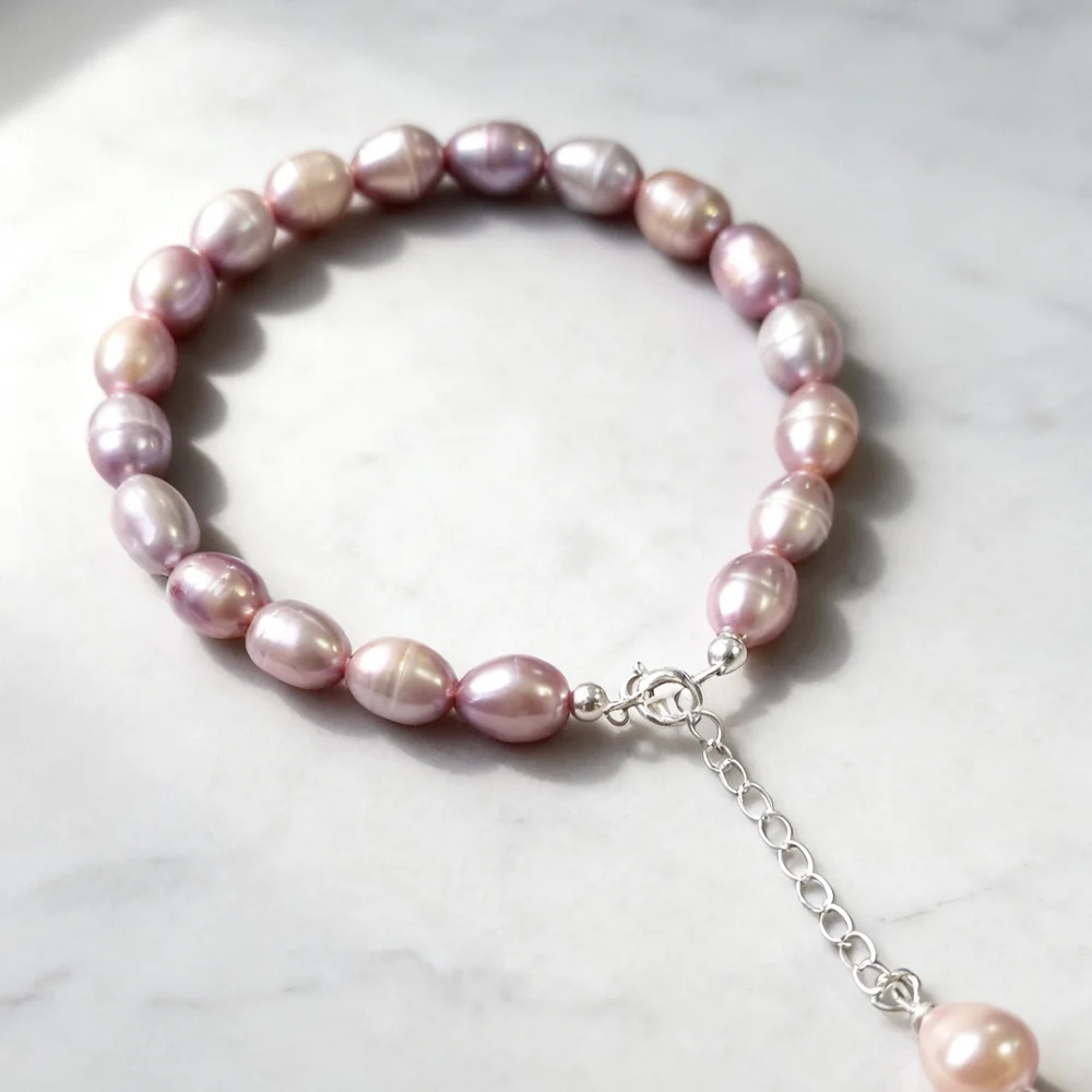 

YWYC 6-7mm Rice Shape Freshwater Pearl Bracelet Pink Purple Mix Color S925 Sterling Silver Chain Women's Hand Bracelet Jewelry