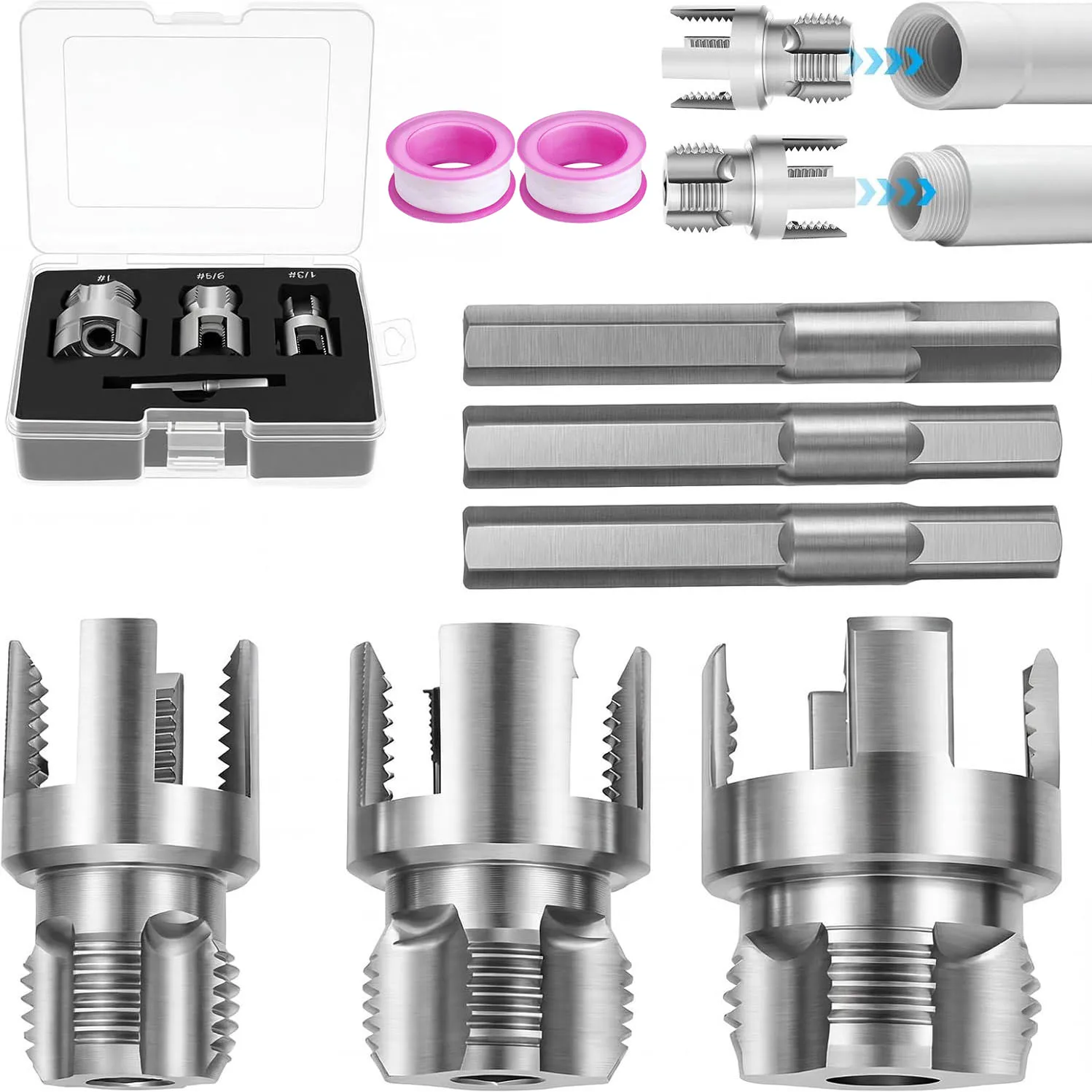 PVC-Rohrgewindeschneidwerkzeug-Set (1/2", 3/4", 1"), Innen- und Außengewindeschneidwerkzeug mit Bohradapter und Gewindetape
