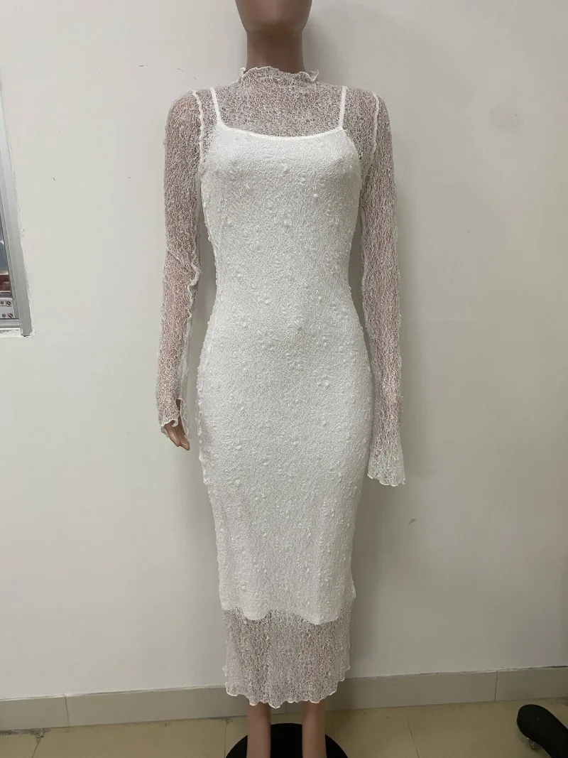 KEXU Moda Donna Nuovo Slim Sheer Lace Manica lunga Maxi abito Vedere attraverso Cover Up Bretelle Abiti aderenti sexy