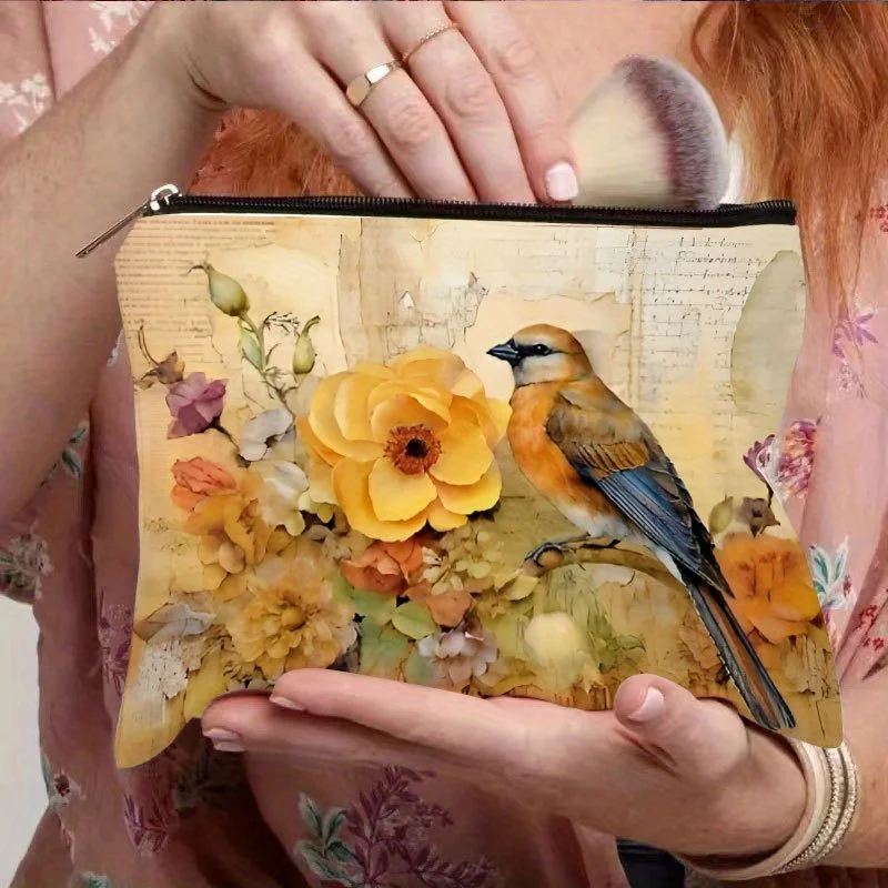 Kosmetyczka w stylu retro z kwiatowym wzorem i ptakami - urocza, wielofunkcyjna saszetka na zamek błyskawiczny, etui na biżuterię, idealna podróżna mała kosmetyczka na zamek.