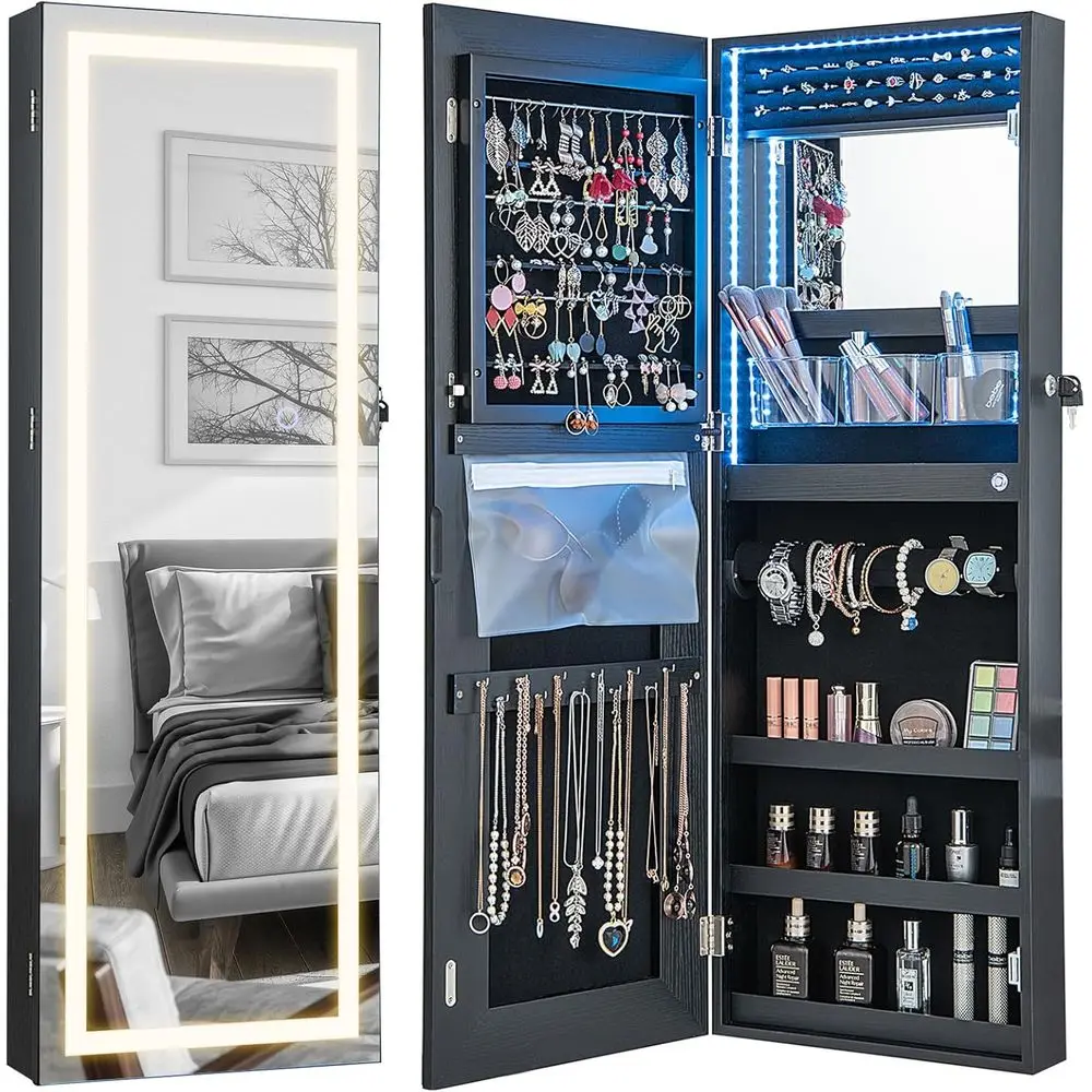

Wall-Mounted Lockable Jewelry Armoire with Adjustable Lighted Mirror, 3 Lighting Modes, Black, 42.5''H