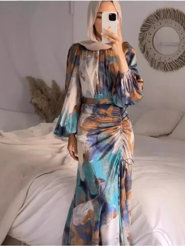 

Women's Dresses Colorful Printed Pleated Dress Women Long Lantern Sleeves Dresses Fashion Drawstring Robe Commuting Vestidos
