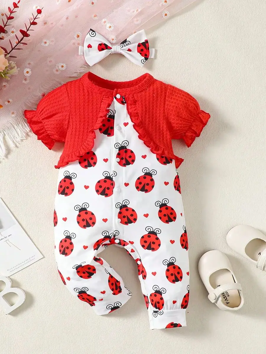 0-2 Year newborn  baby Girl Summer round neck short sleeved Beetle peach heart printed jumpsuit