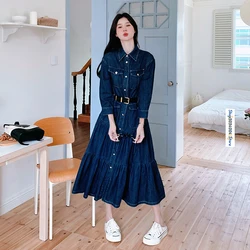 Fashion Spliced Multi Pocket Blue Denim Dress for Women 2024 Fall Elegant French Style Long Sleeve Slim A-line Maxi Dresses 2015