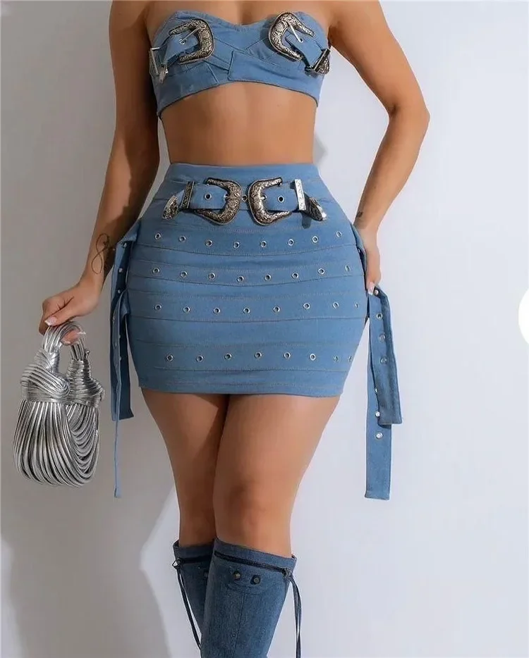 Denim Two 2 Piece Sets Women Sleeveless Tube Strapless Adjust Belt Tops and Mini Skirt Jean Outfits