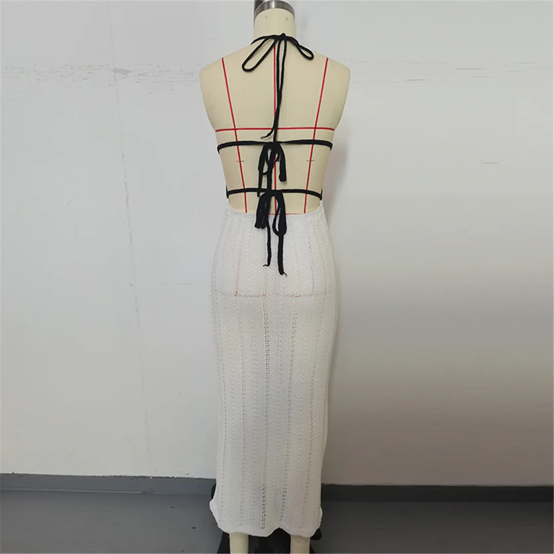 Tiefes V-Ausschnitt-Design, rückenfreies, gehäkeltes, gestricktes Tunika-Strandkleid, Strandmode, Damen-Strandkleid, Strandüberwurf, Damen V7219 – Detail 10