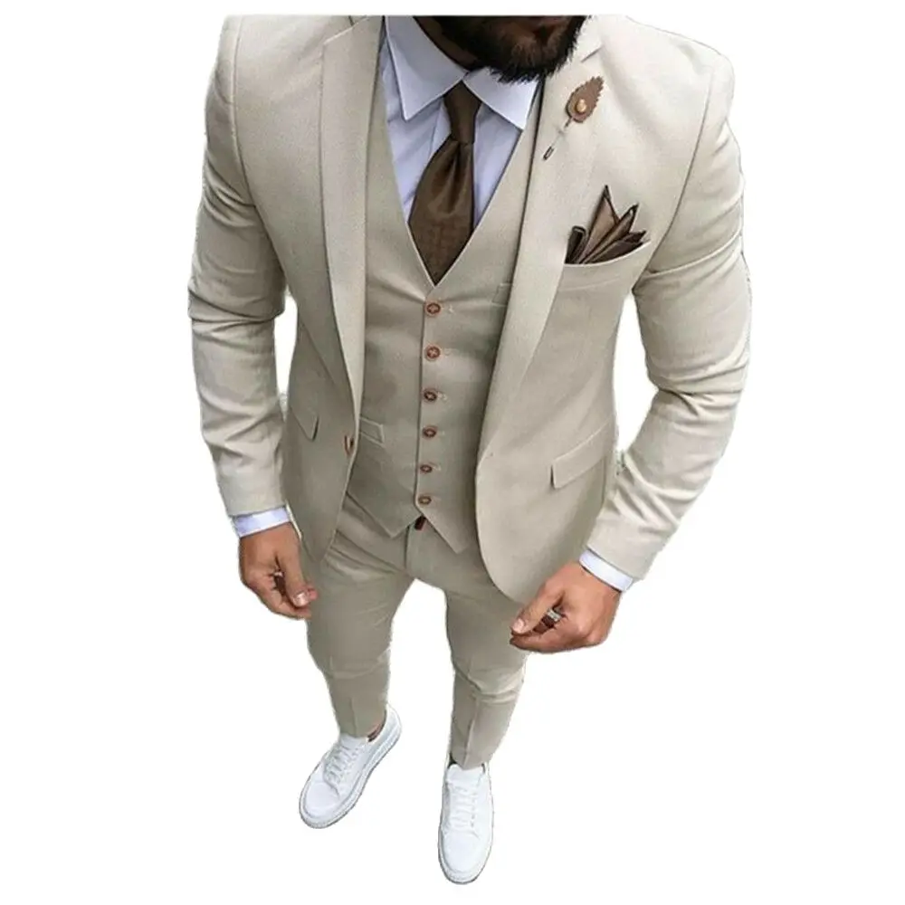 

Slim Fit Casual Men Suits Beige 3 Piece Jacket with Pants Vest Fashion Male Blazer Bespoke Wedding Groom Tuxedo New Arrival