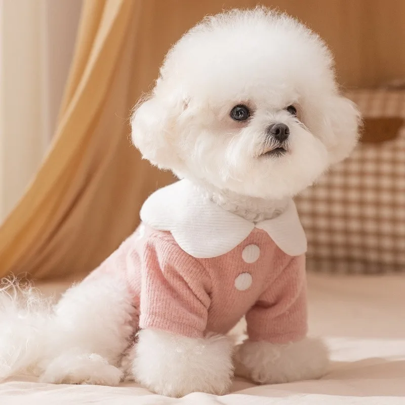 

Autumn Winter Dog Shirt Fleece Lined Two Leg Warm Soft Base Layer Ribbed Puppy Tee For Small Dogs Bichon Poodles Cute Bear Patch