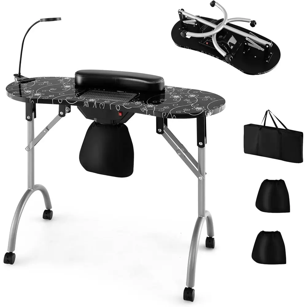 Portable Nail Station with Electric Dust Collector, Wrist Support, USB LED Light, Lockable Wheels, Carry Bag for Home Spa Beauty