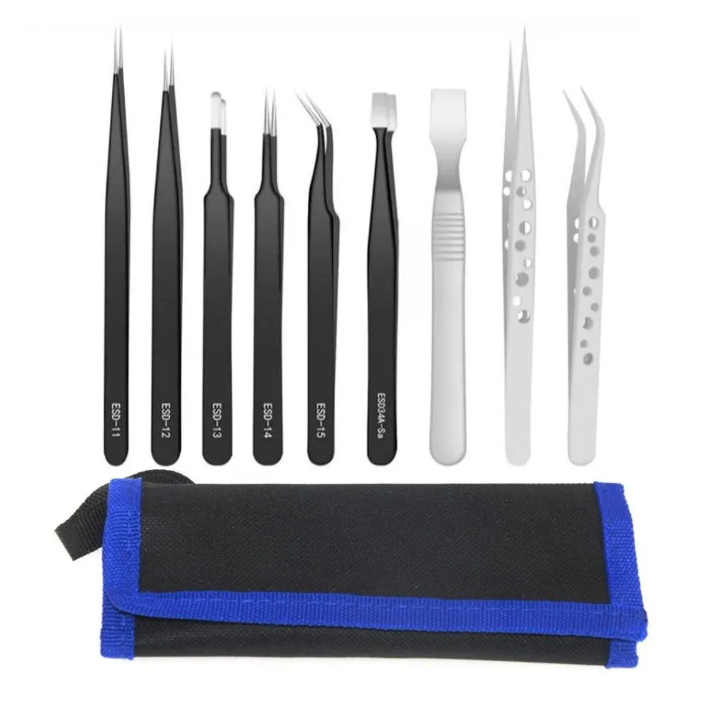 10/9-teiliges Pinzetten-Set aus Edelstahl, antistatische Präzisionspinzette für elektronische Handy-Reparaturwerkzeuge, Handwerkzeuge