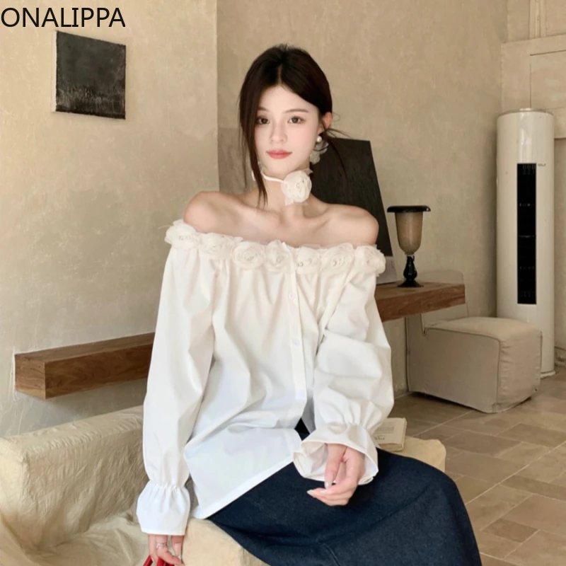 Onalippa Slash Neck Three Dimensional Flowers Blouse Blusas En Oferta Y Envío Gratis Off-shoulder Single Breasted White Shirts