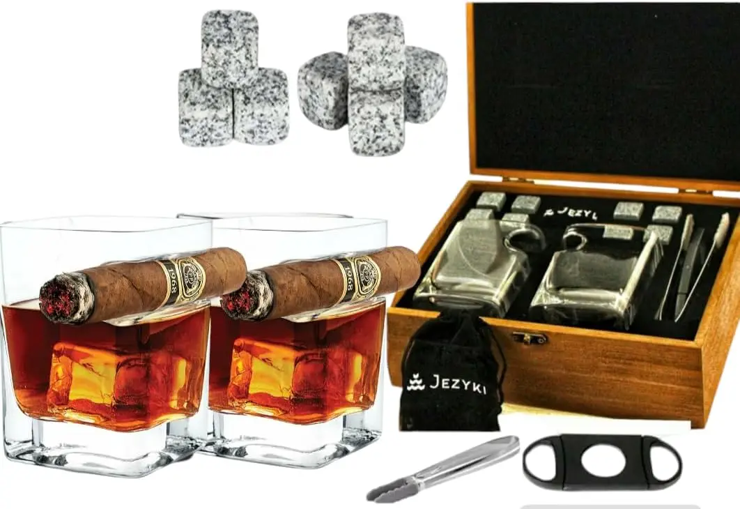 

Whiskey Cigar Glass Set with Granite Ice Cubes & Cutter - Luxury Gift for Men, Premium Box for Dad or Groomsmen