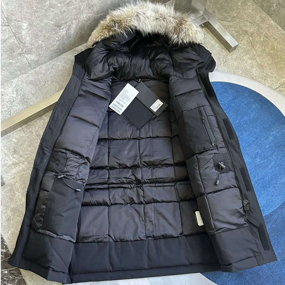 Winter Down COAT Jacket Fur Hooded Men Warm Outerwear Black