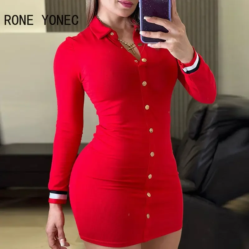 Women Casual Long Sleeves Turn Down Collar Solid Button A-line Mini Skinny Red Dress