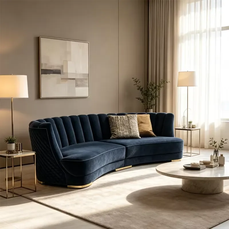 Sitting Room Furniture Curved Couch Sofa in Navy Blue Velvet,3 Seater Sofa Modern with Diamond Quilted Backrest for Apartment